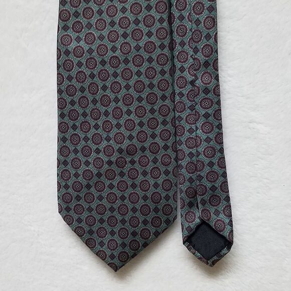 VINTAGE Oscar De La Renta Green Printed Silk Tie - Picture 4 of 6